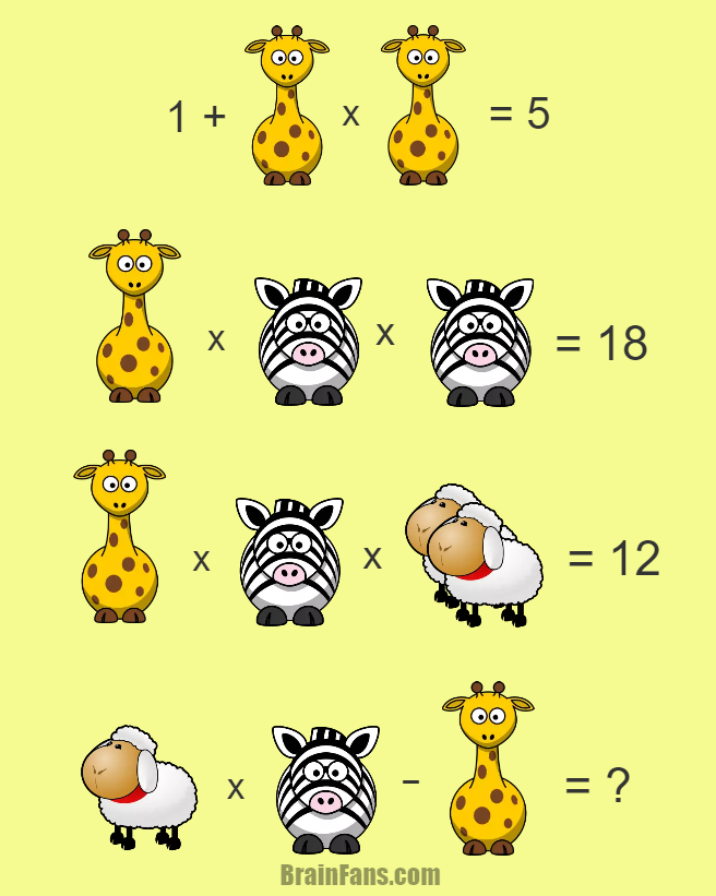 Brain teaser - Number And Math Puzzle - Hard math puzzle for geniuses - Animal puzzle just waiting for you! Giraffe, zebra and sheep - find the numbers instead of pictures. Remember the equations should match.