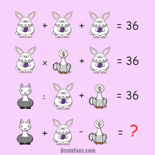Brain teaser - Number And Math Puzzle - puzzle with animals for genius - New puzzle with animals contains these operations (+,-,x,:). There are three animals: bunny, ostrich and llama. 

Solve these equations and select numbers corresponding to animals. Easy or hard? 