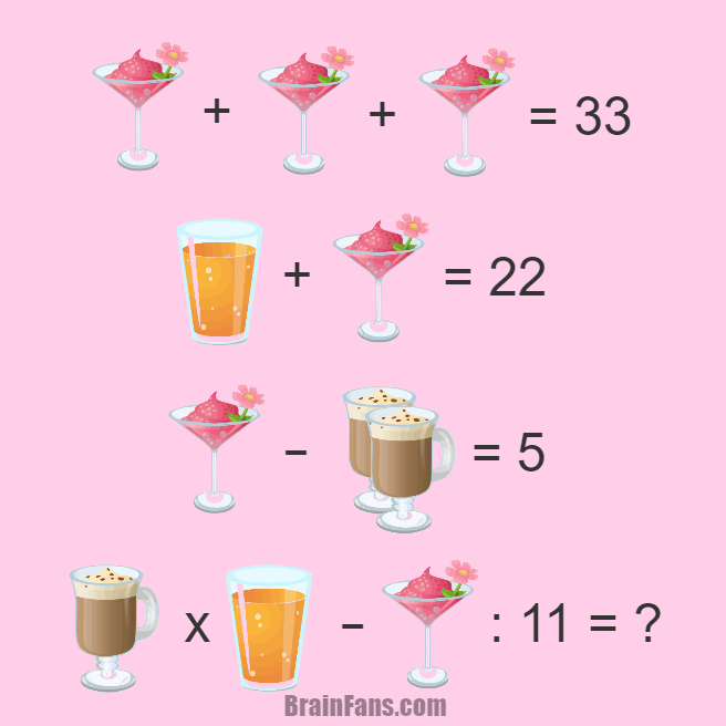 Brain teaser - Number And Math Puzzle - Riddle for genius - Solve this genius riddle. There is a juice, coffee and cocktail. Puzzle only for party lovers:)