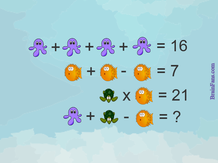 Brain teaser - Number And Math Puzzle - sea animals - Each animal represenets a number. Can you find the result?