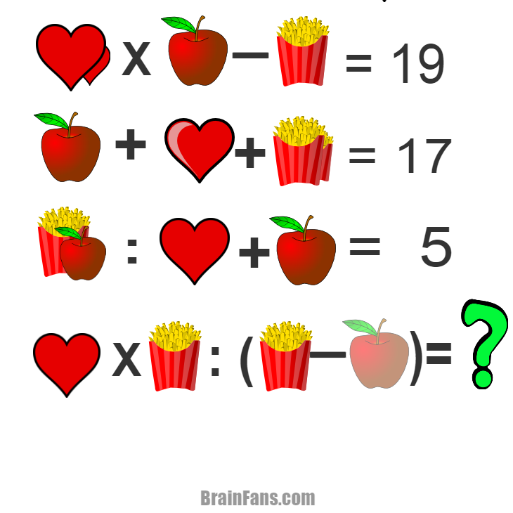 Brain teaser - Number And Math Puzzle - Hearts, apple and popcorn - Logic puzzle