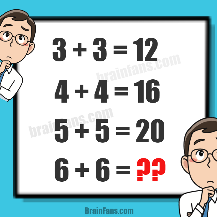Brain teaser - Number And Math Puzzle - Math question with equations - Can you solve the following logical reasoning math puzzle? You have to find the logic and apply it to the equations.

3 + 3 = 12
4 + 4 = 16
5 + 5 = 20
6 + 6 =?