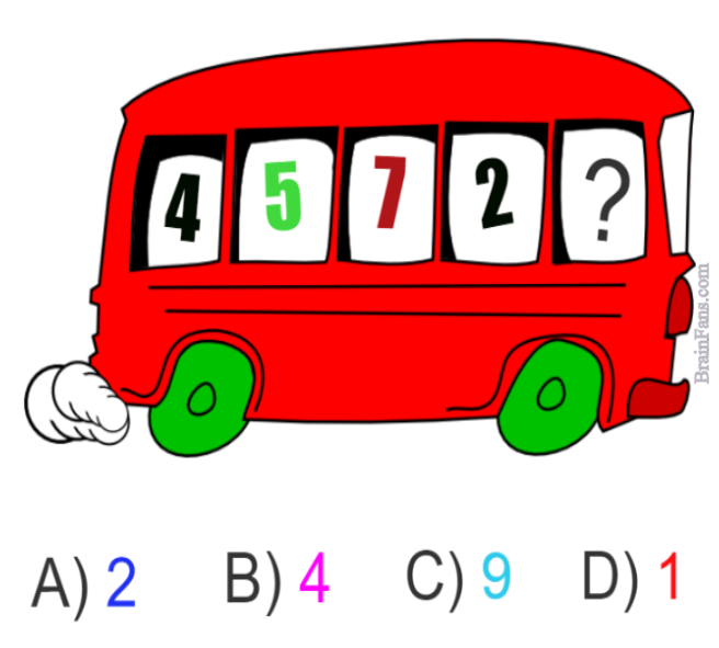 Brain teaser - Kids Riddles Logic Puzzle - Bus puzzle - Puzzle with a bus. Which answer is correct and goes into a bus window on the right? Guess A) B) C) D).