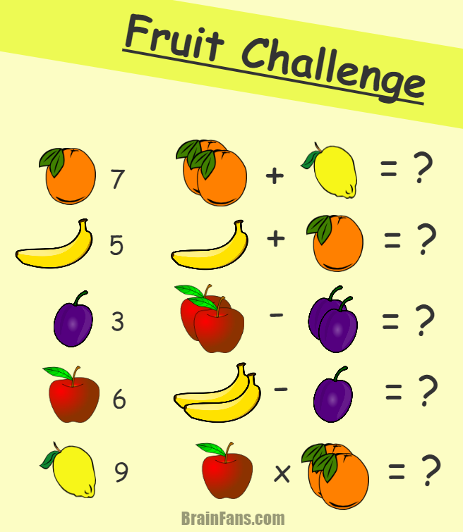 Brain teaser - Kids Riddles Logic Puzzle - fruit math challenge - You have five types of fruit, each with different number. Can you solve this math task and get the correct numbers?