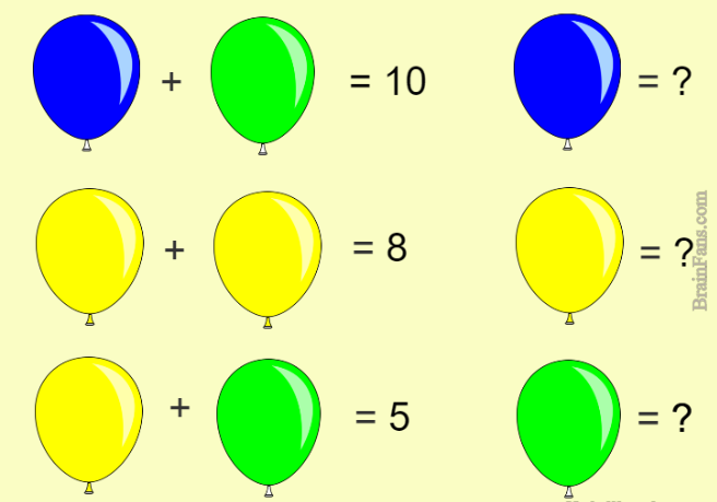 Brain teaser - Kids Riddles Logic Puzzle - Riddle for kids with baloons - Replace baloons with numbers so the results would match.