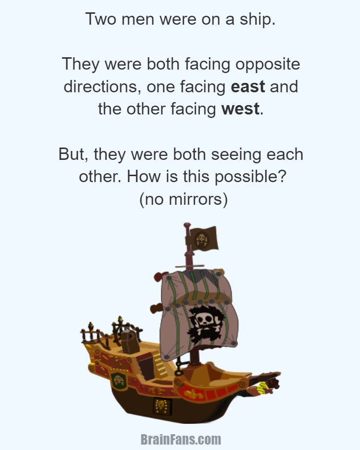 Brain teaser - Logic Riddle - Two men on a ship - Two men were on a ship. They were both facing opposite directions, one facing east and the other facing west. But, they were both seeing each other. How is this possible? There were no mirrors!