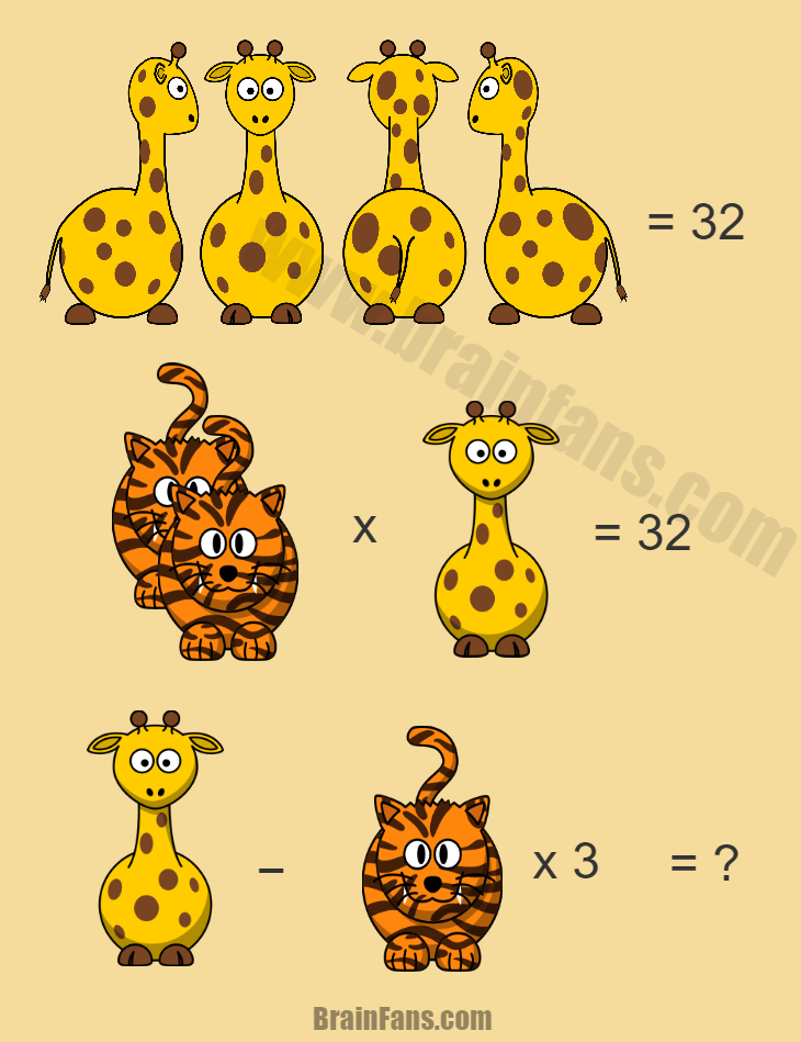 Brain teaser - Number And Math Puzzle - hard math puzzles for middle school - Have a look and try to solve this hard math puzzles for middle school. How many giraffes and tigers can you see? What is the result? Please discuss and share it if you like it .) We really appreciate it.