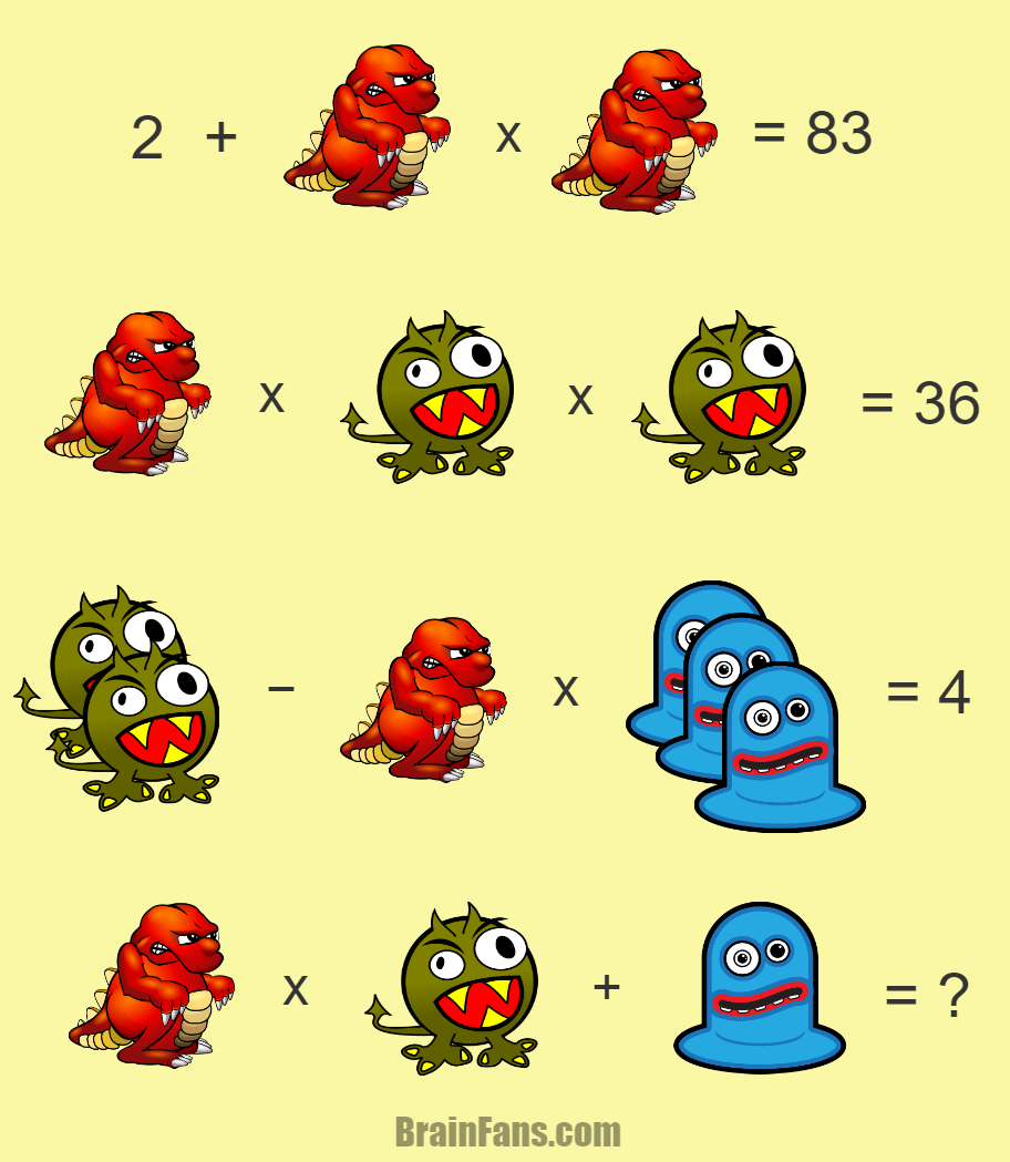 Brain teaser - Number And Math Puzzle - hard math riddle - Three monsters in different colors - one hard math riddle for your brain skills. If you solve this, please comment;)