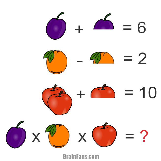 Brain teaser - Number And Math Puzzle - Hard puzzle for genius - Look at the fruit symbols. Some fruit is doubled, while other is cut in its half. Can you solve this tricky math riddle? Then you are a genius;) Share if you like.