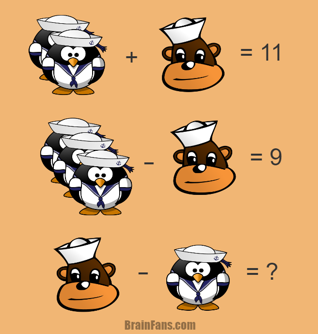 Brain teaser - Number And Math Puzzle - Monkey & Penguin - here is a new maths puzzle with sailor monkey and sailor penguin. There are more of them on the picture, can you solve it?